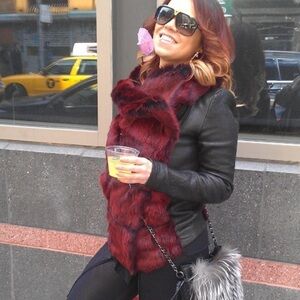 Helmut Lang red rabbit Fur Leather Coat Jacket Sz small women’s black zip up